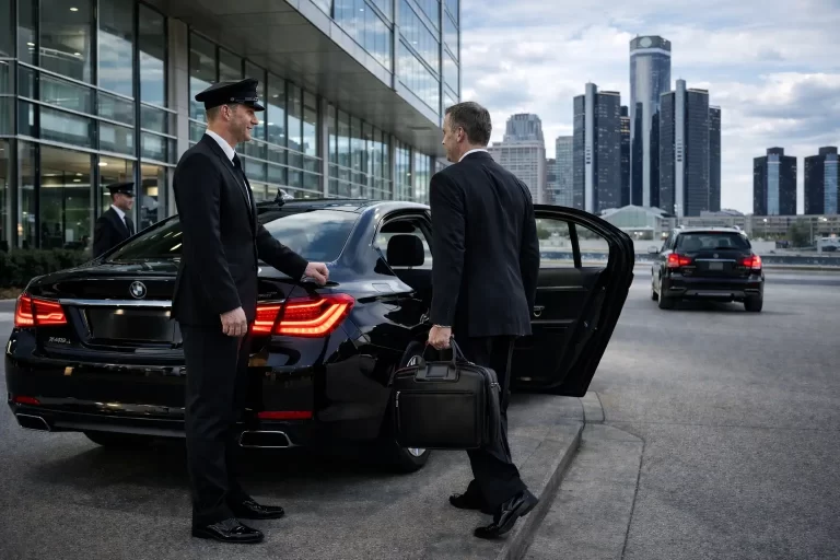 Chauffeur assists executive outside office